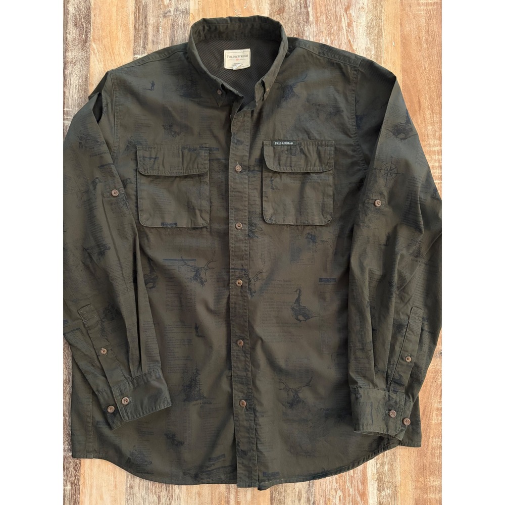 Field & Stream Mens Olive Green‎ Nature Hunting Print Vented Fishing Shirt Large